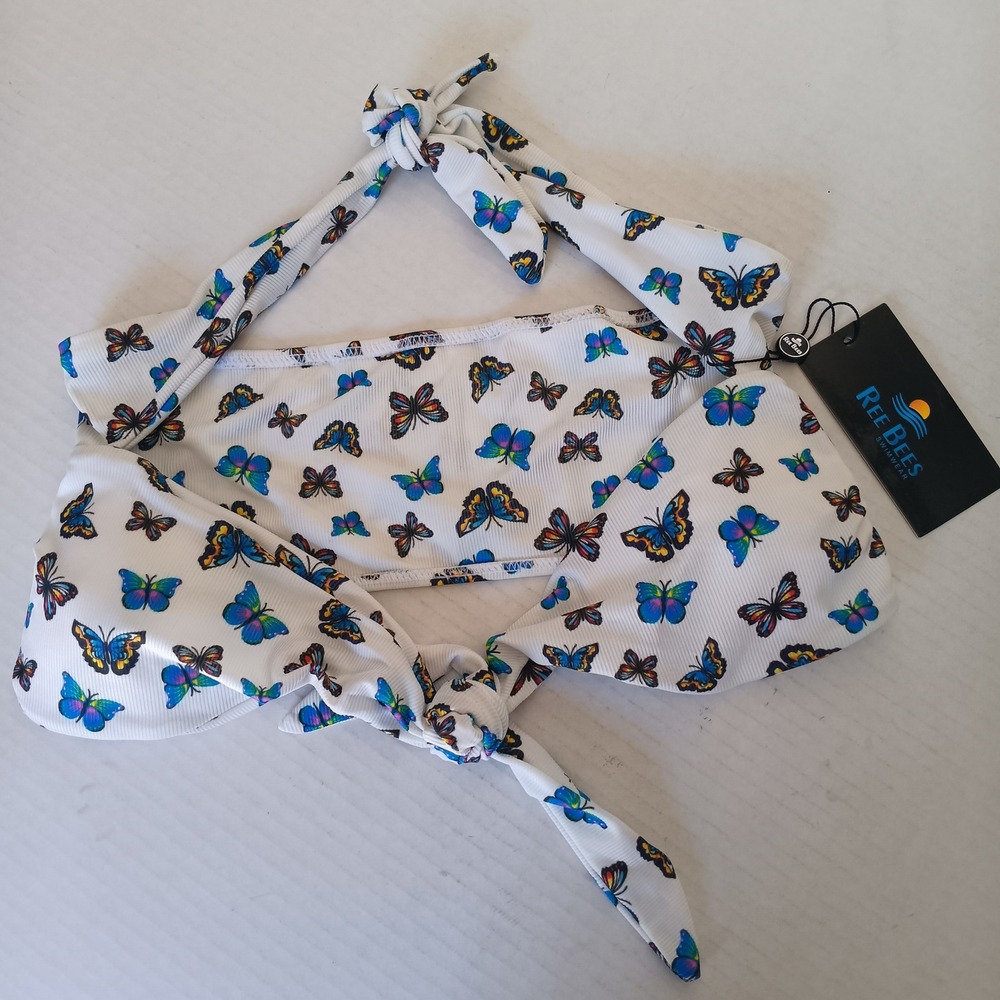 Ree Bees Bikini Top Women Small White Butterfly Ribbed Halter Front Tie HT7080